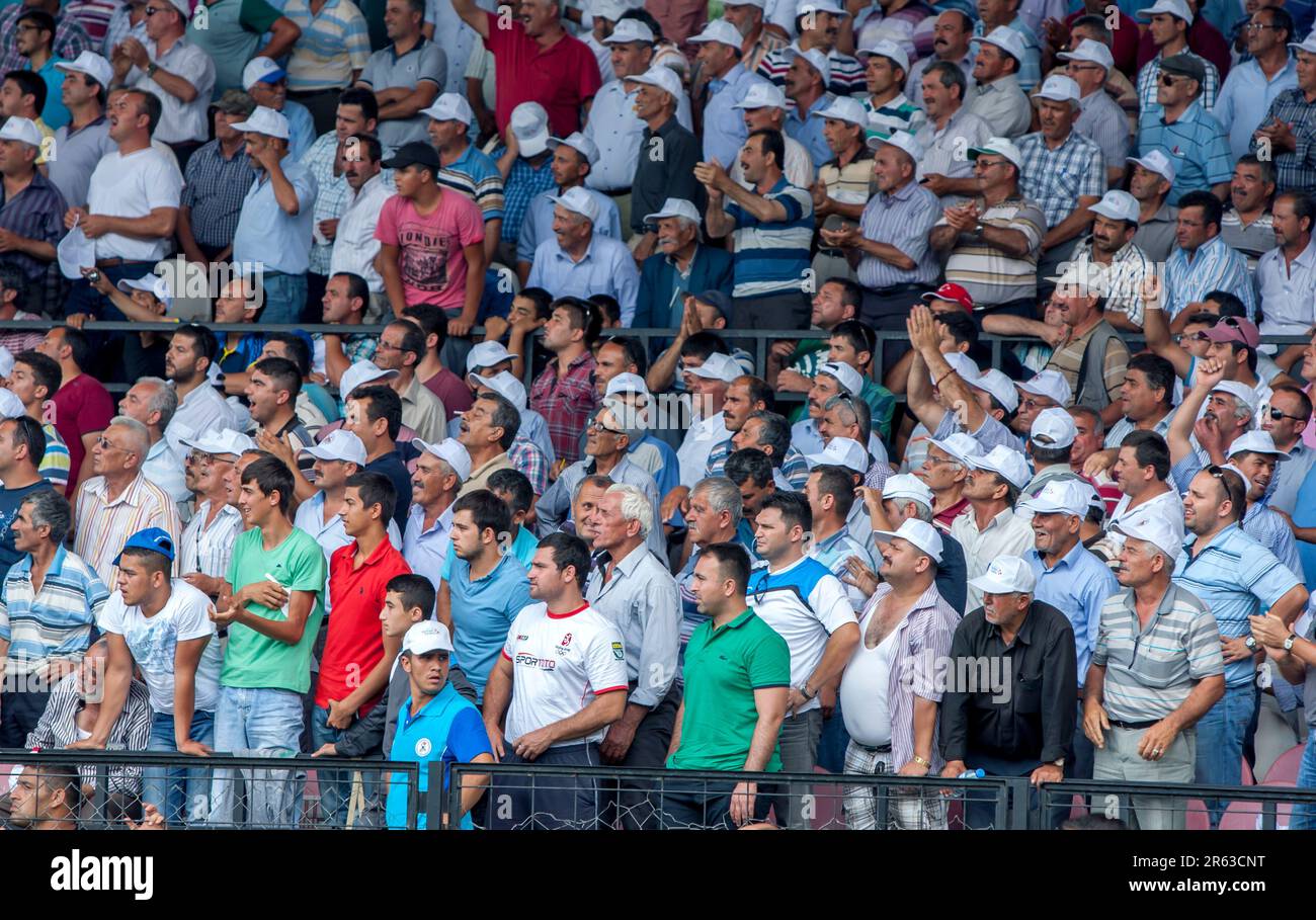 Une foule d'hommes turcs regardent la compétition d'un grand-stand au Tournoi de pétrole turc Kirkpinar à Edirne dans le Turkiye. Banque D'Images