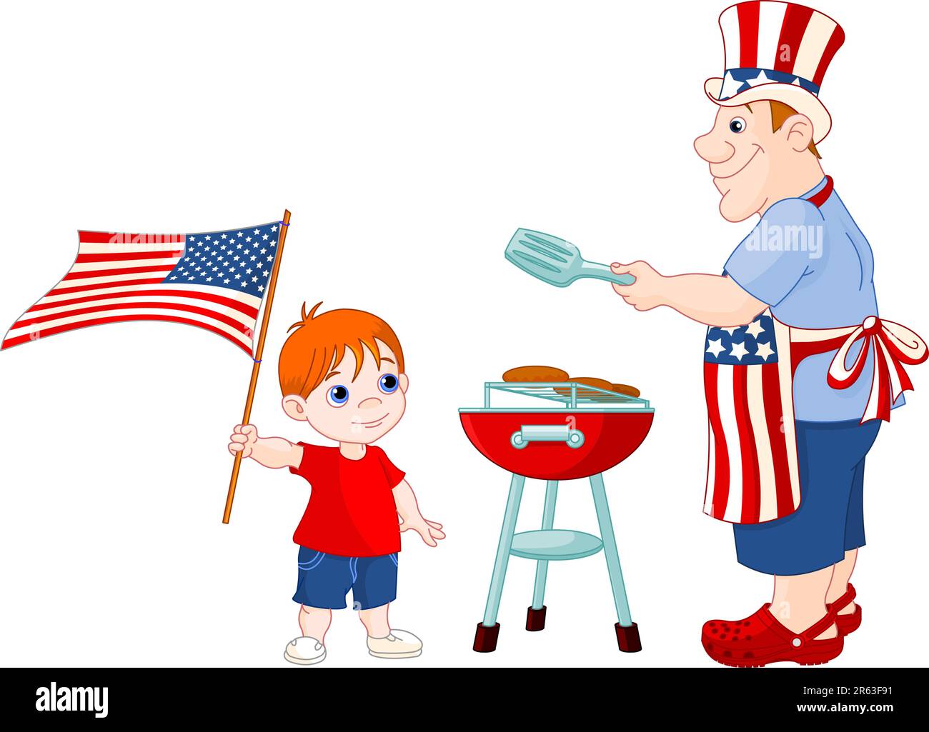 Père et fils cuisant Un hamburger sur Un barbecue Grill le 4 juillet Illustration de Vecteur