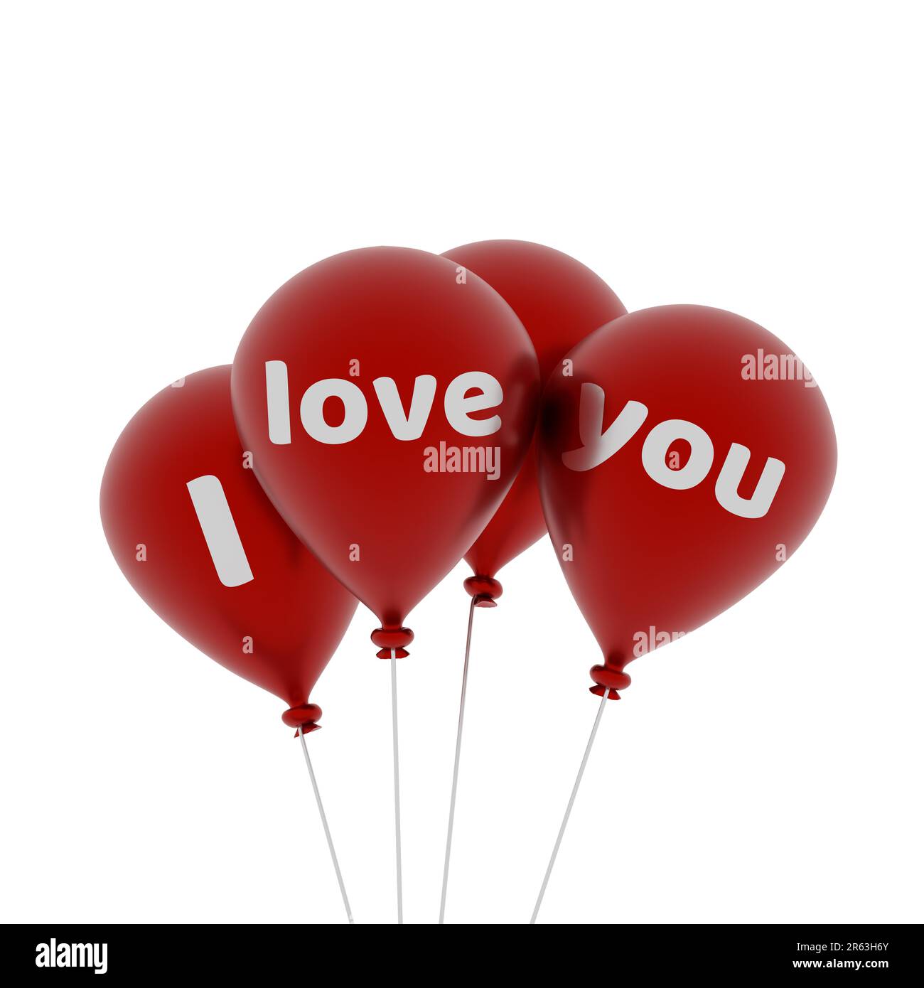Quatre ballons rouge brillant avec les mots je t'aime sur un fond blanc, 3D Rendering Banque D'Images