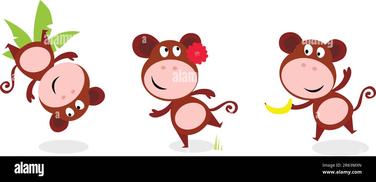 Singe jumpant avec feuille de palmier, singe dansant et singe avec banane. Illustration de dessin animé vectoriel de drôle d'animal africain. Illustration de Vecteur