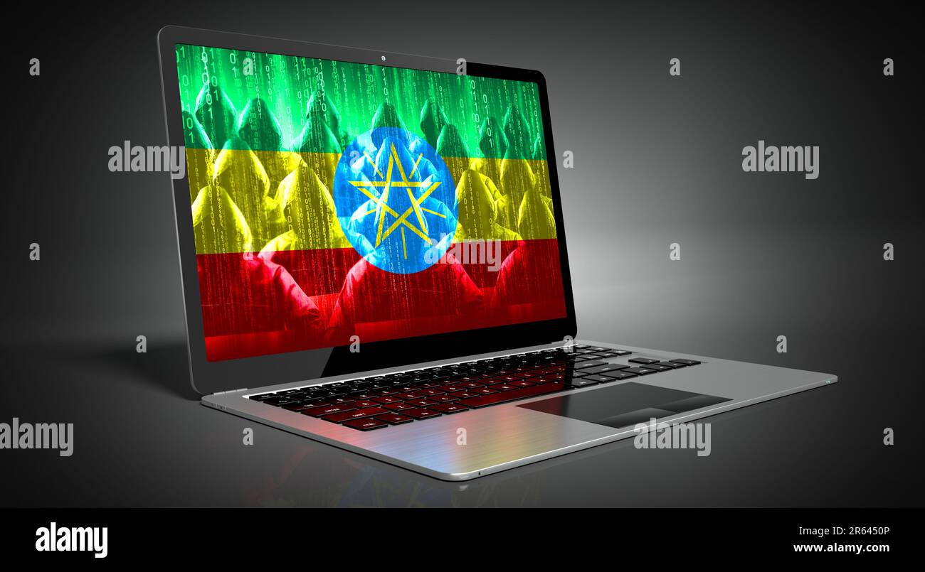 Éthiopie - drapeau de pays et hackers sur écran d'ordinateur portable - concept de cyber-attaque Banque D'Images