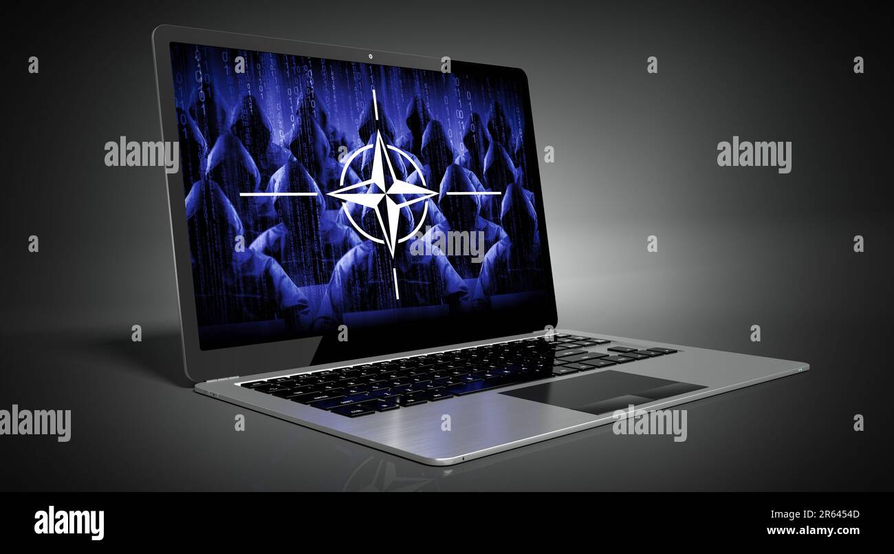 OTAN - drapeau de pays et hackers sur écran d'ordinateur portable - concept de cyber-attaque Banque D'Images