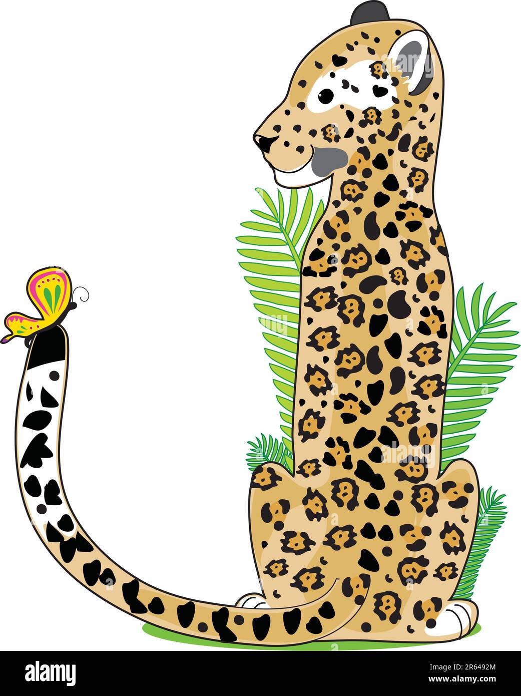Une Jaguar est assis et regardant un papillon sur sa queue. Il est en forme de lettre J Illustration de Vecteur