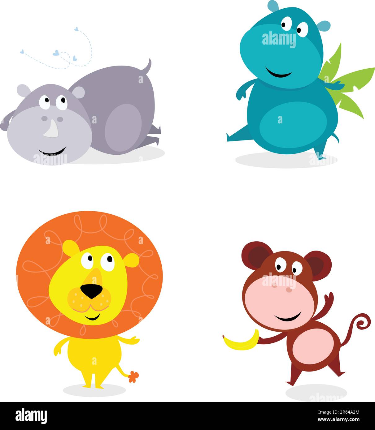 Illustration vectorielle d'animaux de safari isolés sur fond blanc : hippo, rhinocéros, lion et singe. Illustration de Vecteur