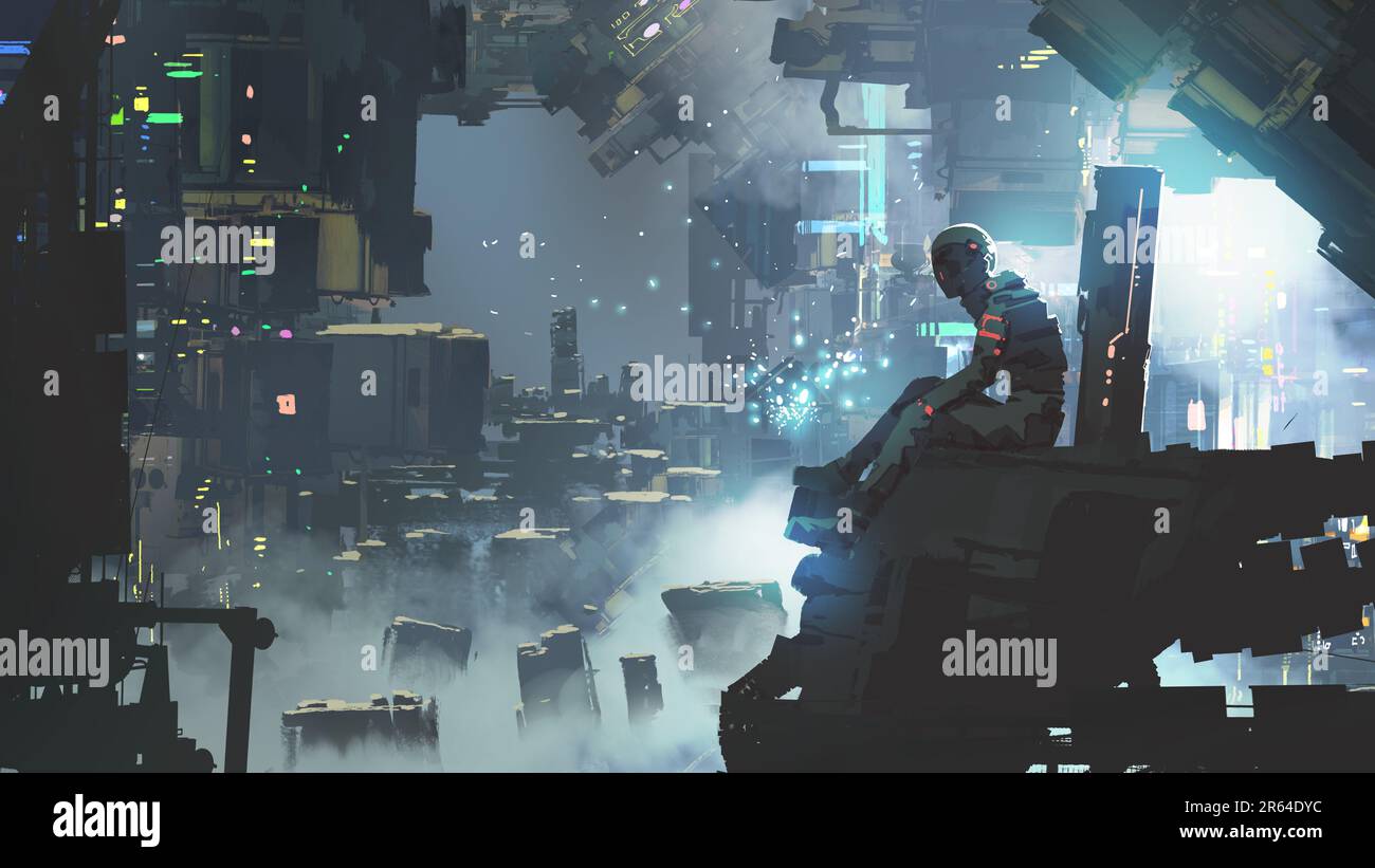 homme futuriste assis dans un bâtiment contre une ville de science-fiction pendant la nuit, style d'art numérique, peinture d'illustration Banque D'Images