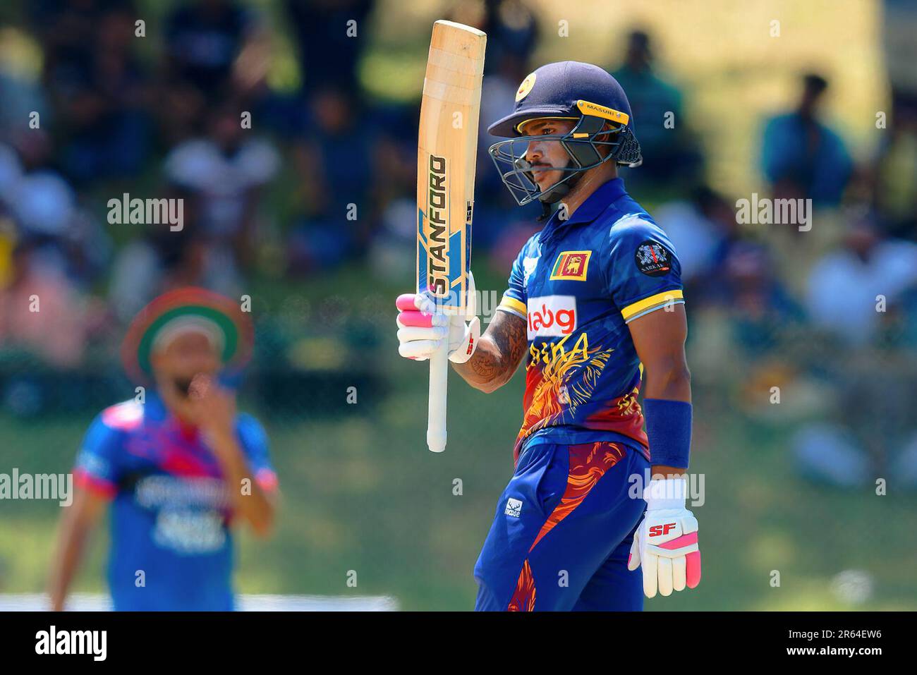 Hambantota, Sri Lanka. 07th juin 2023. Le Pathum Nissanka du Sri Lanka célèbre sa cinquante ans lors du match de cricket de l'ODI 3rd entre le Sri Lanka et l'Afghanistan au stade international de cricket Mahinda Rajapaksa à Hambantota le 07th juin 2023. Viraj Kothalwala/Alamy Live News Banque D'Images