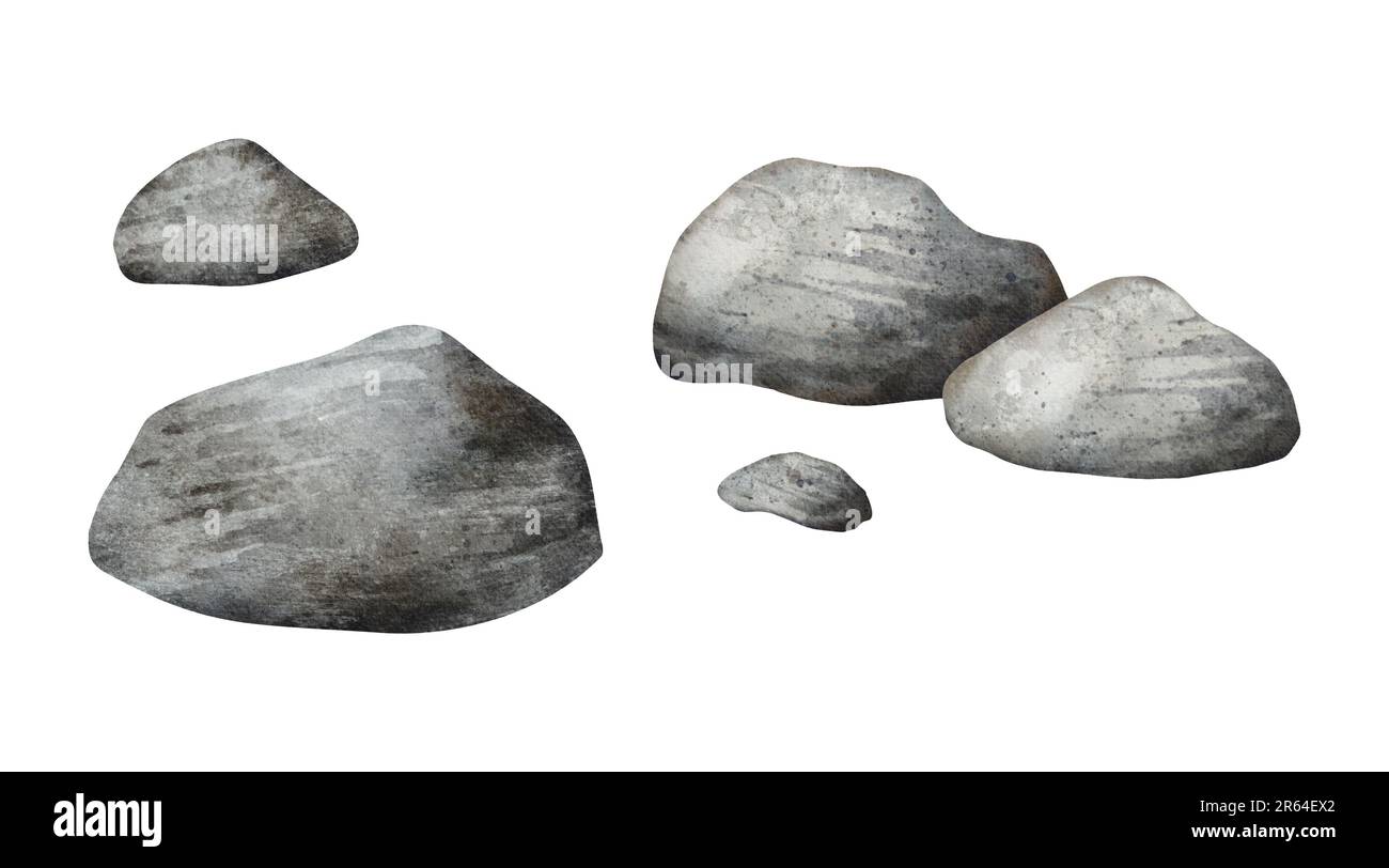 Ensemble de galets marins. Pile de pierres naturelles. Pierres solides nature élément de paysage. Beau détail de paysage, paysage marin, scène de la nature. Dessiné à la main Banque D'Images