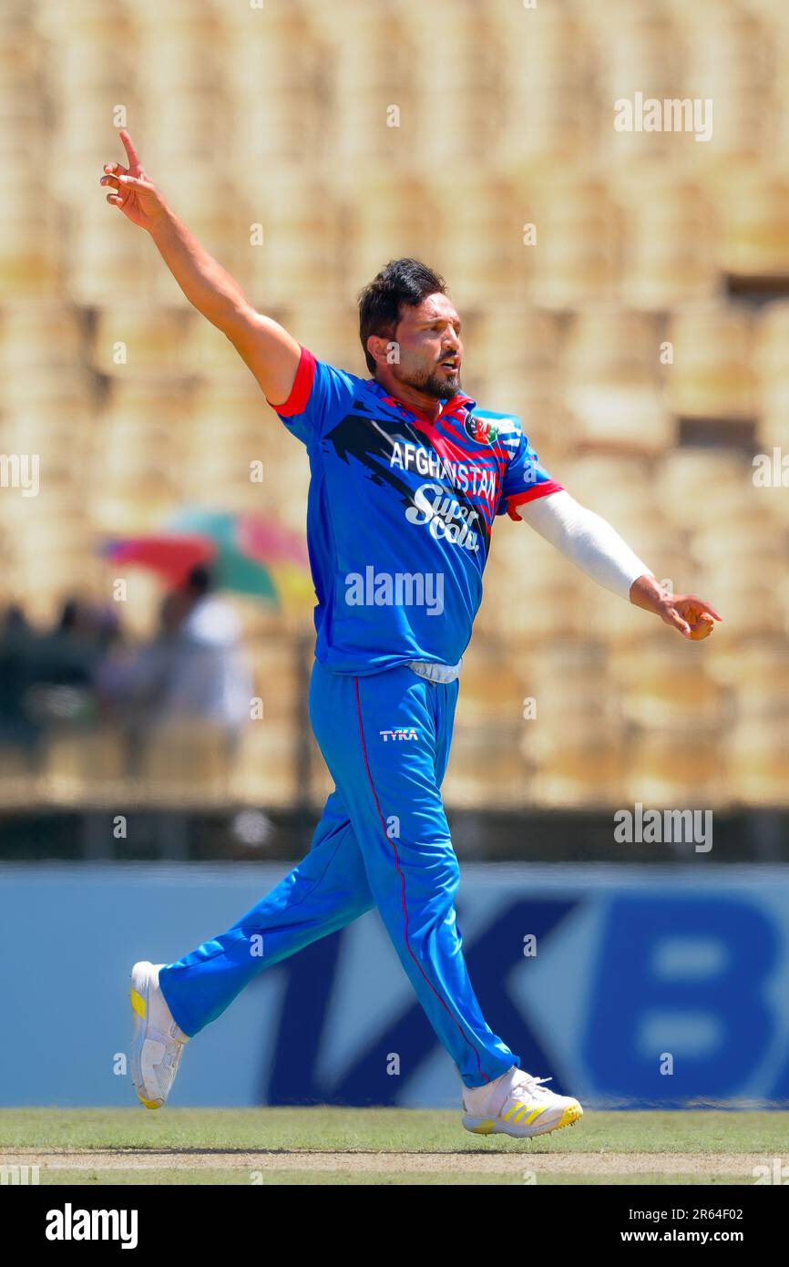 Hambantota, Sri Lanka. 07th juin 2023. Le Gulbadin Naib d'Afghanistan célèbre après avoir pris le cricket du Pathum Nissanka du Sri Lanka lors du match de cricket de l'ODI 3rd entre le Sri Lanka et l'Afghanistan au stade de cricket international Mahinda Rajapaksa à Hambantota le 07th juin 2023. Viraj Kothalwala/Alamy Live News Banque D'Images