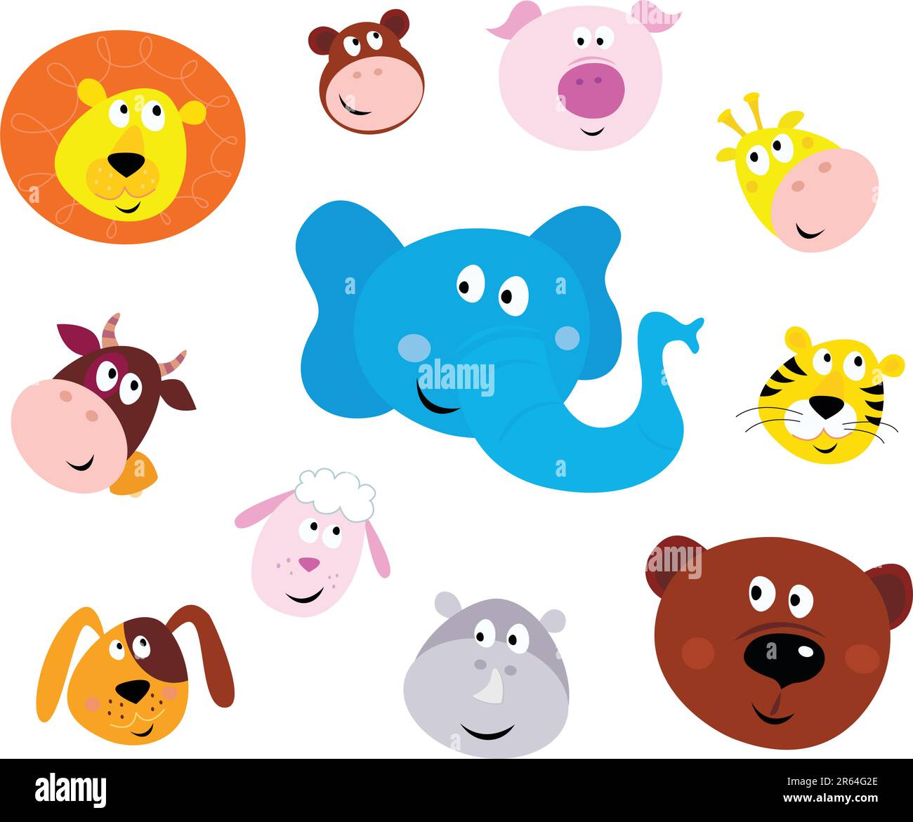 Ensemble d'illustrations vectorielles de visages animaux mignons. Têtes d'animaux sur fond blanc. Lion, singe, cochon, girafe, vache, Éléphant, tigre, mouton, chien, Hipp... Illustration de Vecteur