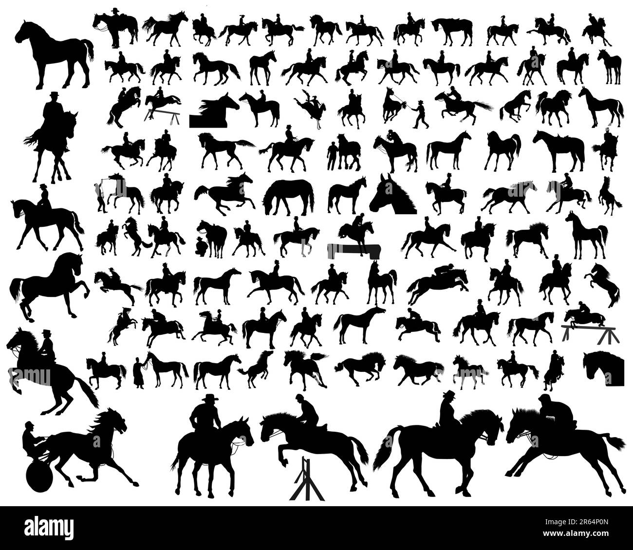 Cent de siluetas de cheval dans différentes poses Illustration de Vecteur