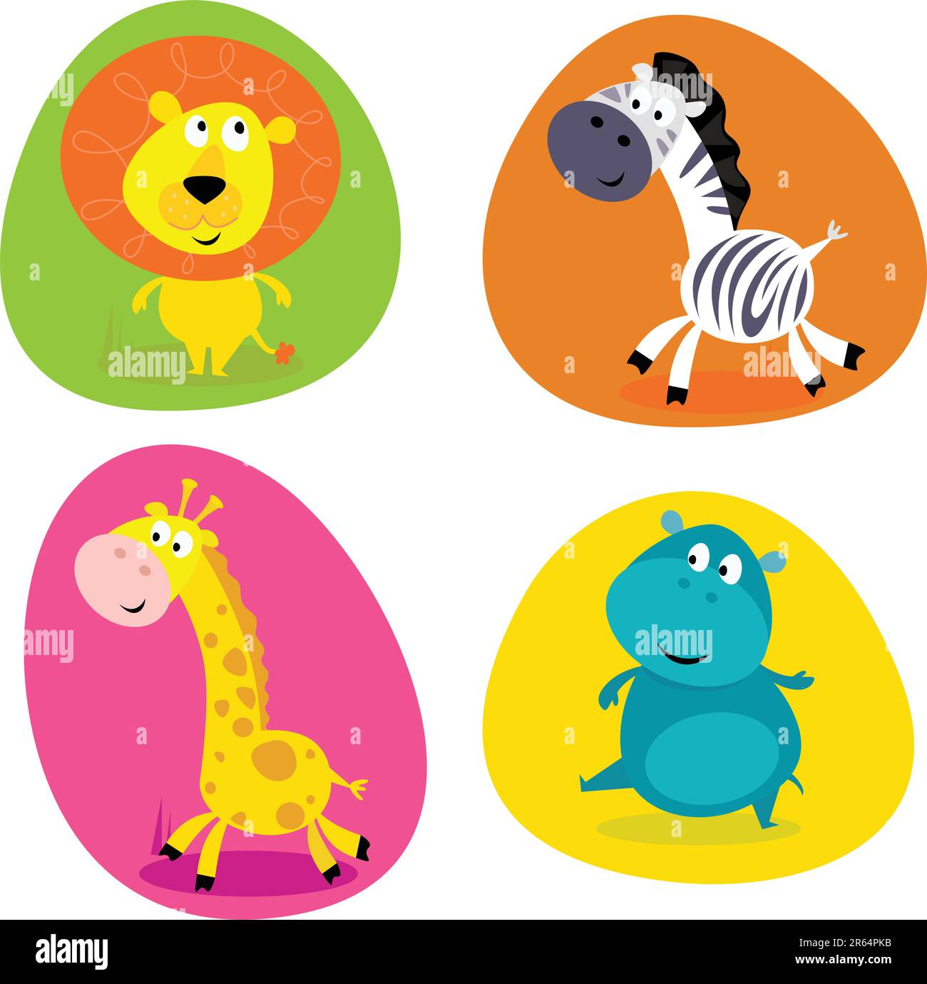 Illustration vectorielle de quatre boutons animaux sauvages mignons - lion, zèbre, girafe et hippopotame Illustration de Vecteur