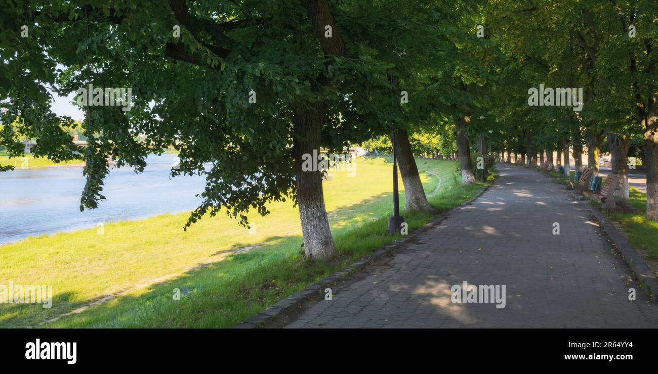 rivière dans la ville au lever du soleil. la plus longue allée de linden en europe. destination de voyage populaire Banque D'Images
