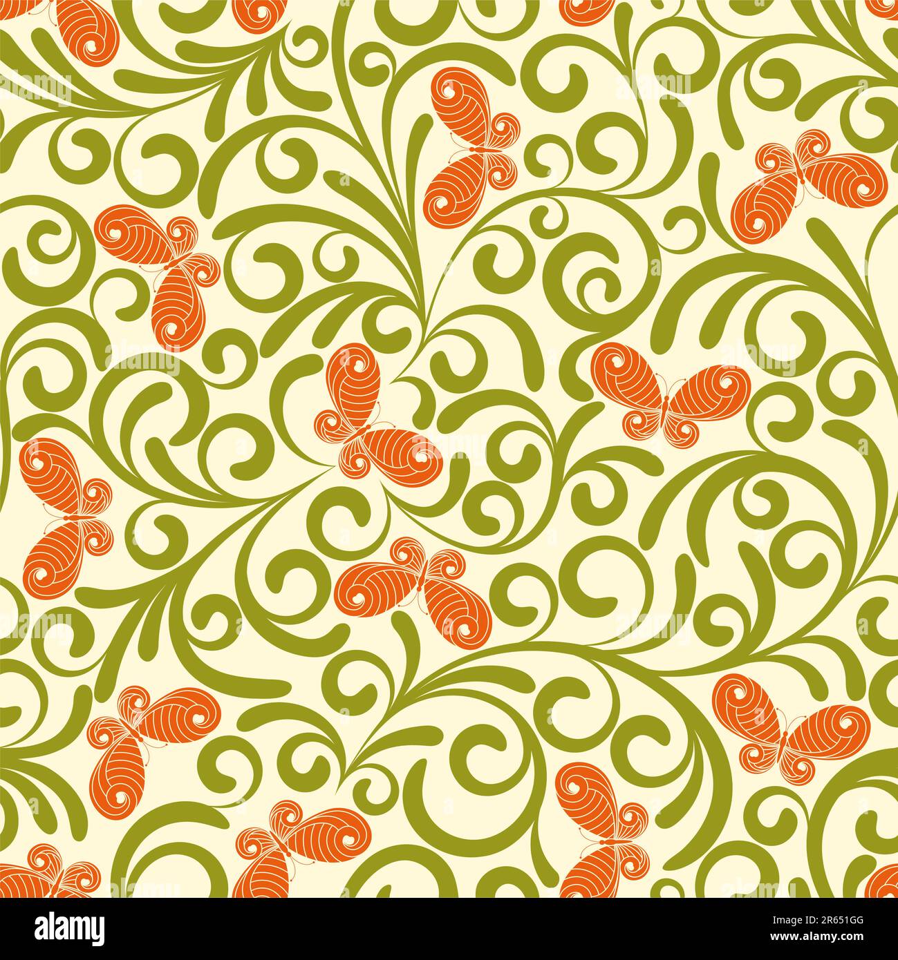 Motif sans couture provenant de plantes vertes et de papillons orange (peut être répété et mis à l'échelle dans n'importe quelle taille) Illustration de Vecteur