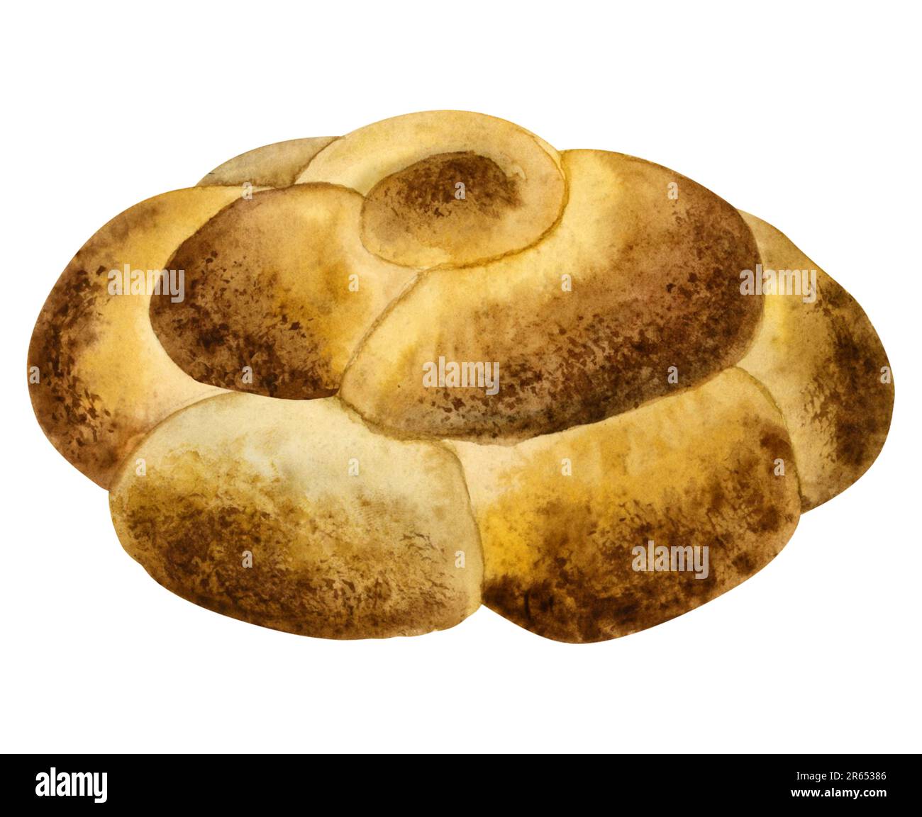 Illustration de l'aquarelle du pain de challah rond. Un morceau de pain tressé frais fait maison pour Rosh Hashanah, Shabbat Banque D'Images