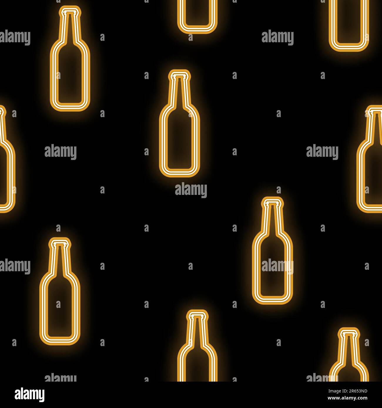 Motif sans couture, texture abstraite néon lumineux jaune brillant provenant des icônes de la barre des bouteilles de verre de bière artisanale et de l'espace de copie sur une bande noire Illustration de Vecteur