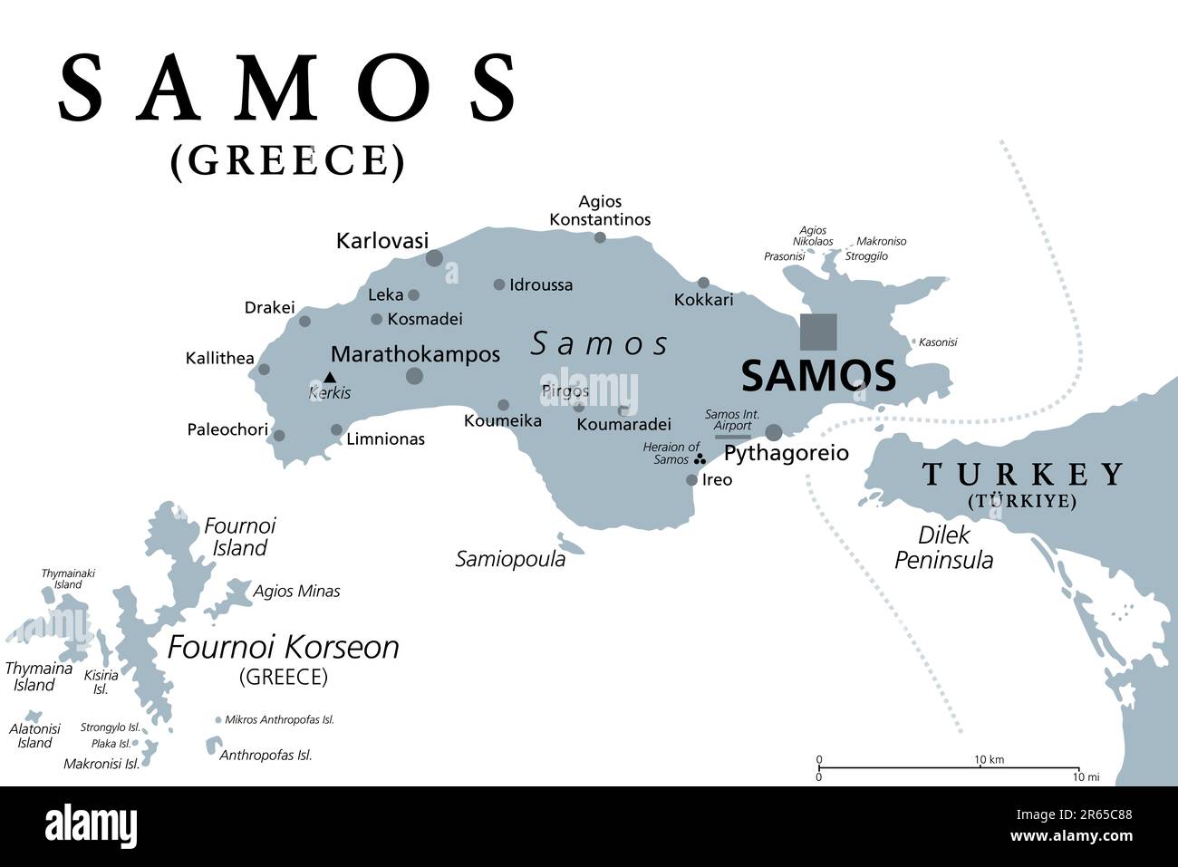 Samos, île grecque, carte politique grise. Île située dans l'est de la mer Égée, séparée de la côte ouest de la Turquie par le détroit de Mycale. Lieu de naissance de Pythagore. Banque D'Images