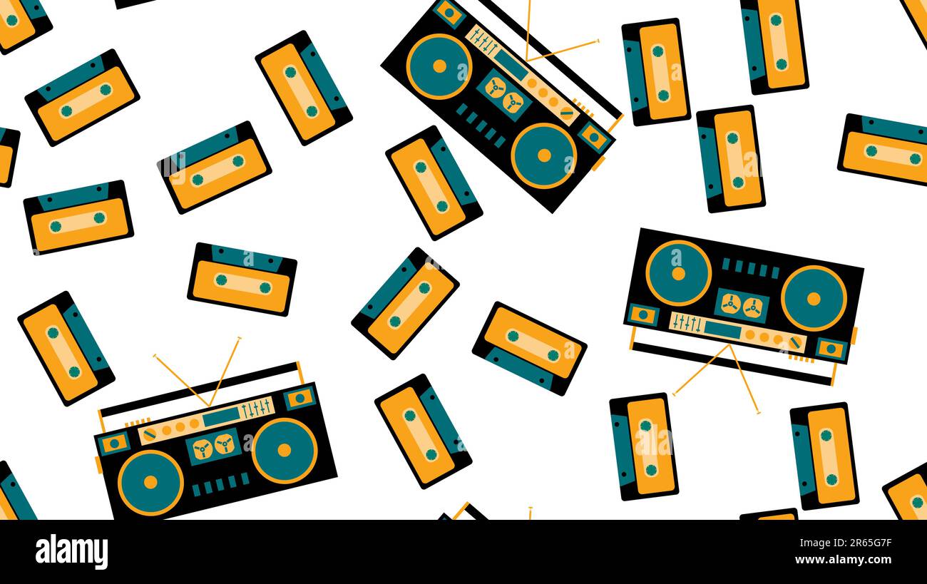 Texture sans couture de l'ancien rétro hipstersih élégant lecteur de cassettes audio de musique isométrique pour écouter des cassettes audio des années 70, Illustration de Vecteur