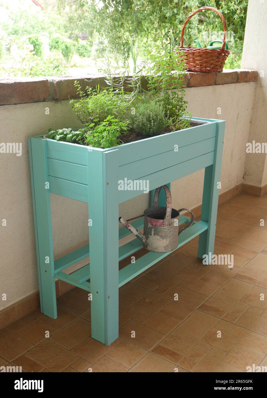 Herbes culinaires poussant dans une boîte d'herbes en bois peinte en bleu sur une véranda, Szigethalom, Hongrie Banque D'Images