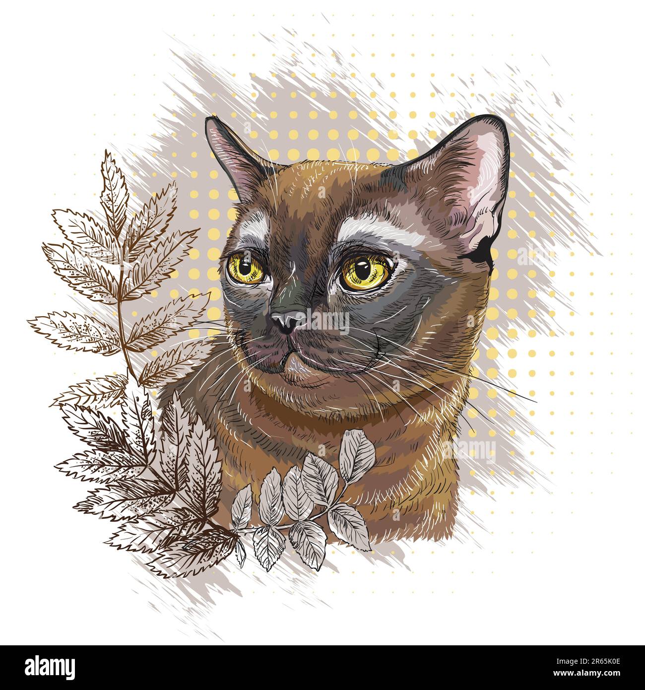 Jolie tête de chat birman avec des feuilles. Gros plan portrait de chat. Illustration vectorielle moderne dessinée à la main. Motif pour t-shirt, imprimé, autocollants, sublimation et Illustration de Vecteur