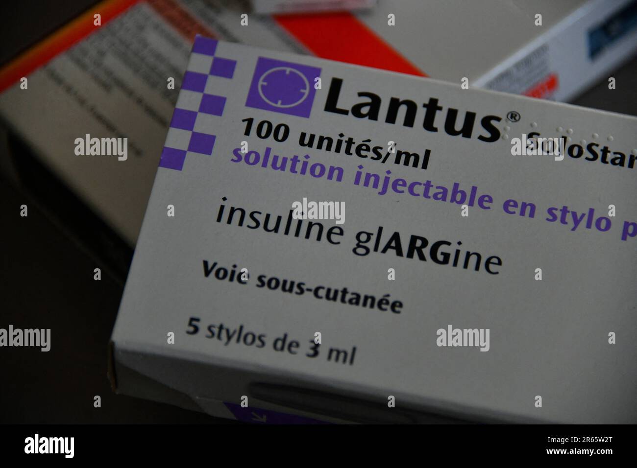 Peille, France. 03rd juin 2023. Boîte de Lantus insuline solutions  produites par le laboratoire Sanofi, pour injection sous-cutanée par stylo  pour traiter le diabète de type 1. Le traitement du diabète de
