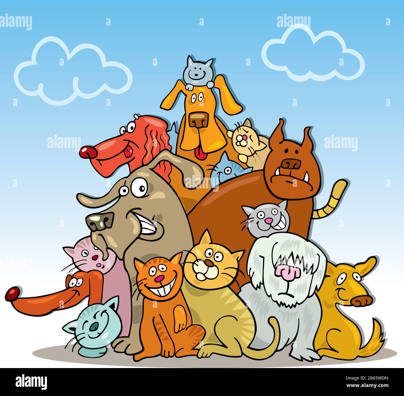 Cartoon illustration de grand groupe de chats et chiens drôles Illustration de Vecteur