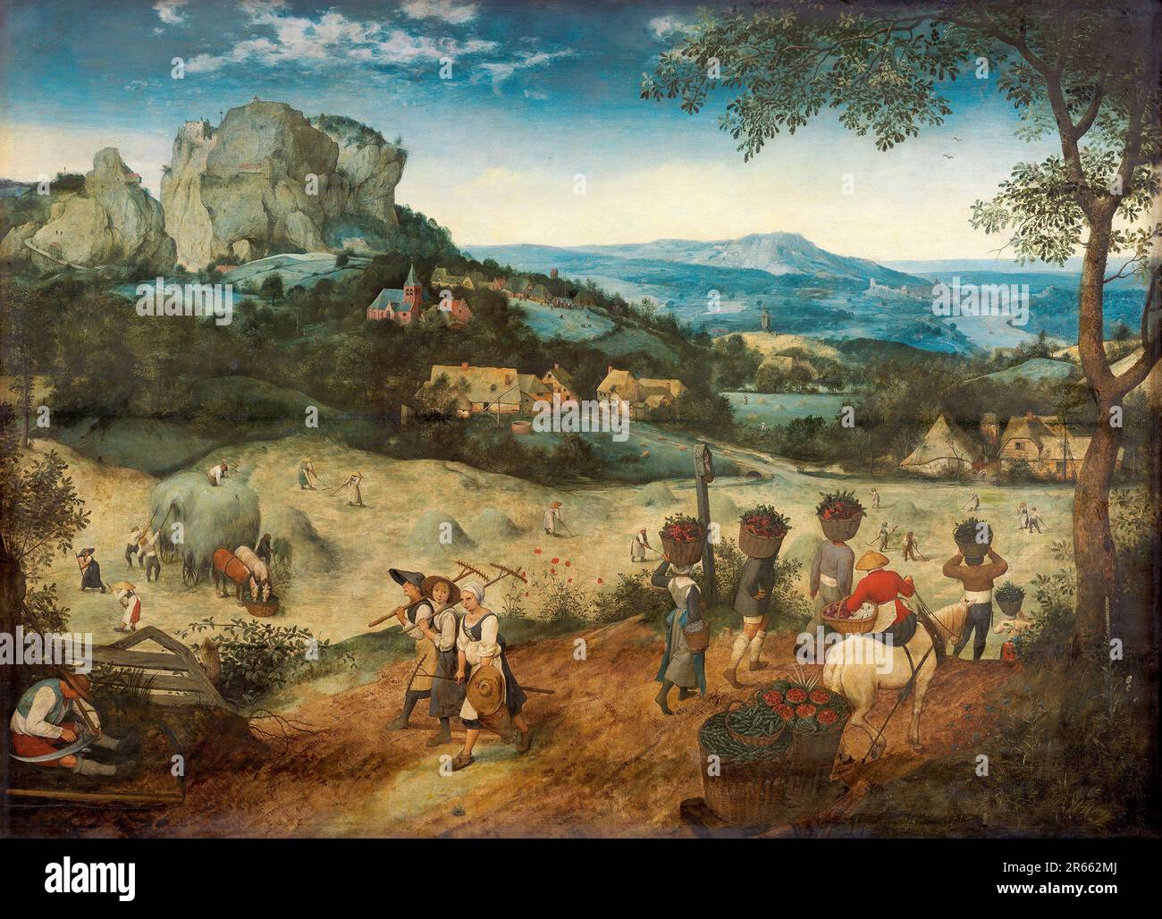 Le foin récolte juin et juillet peint par le peintre néerlandais de la Renaissance Pieter Breughel l'aîné en 1565, une partie de sa série Saisons. Breughel était le peintre le plus important de la Renaissance hollandaise et flamande. Son choix de sujets a été influent, il a rejeté les portraits et les scènes religieuses en faveur des scènes locales et paysannes. Banque D'Images