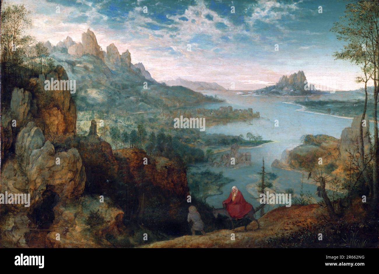 Paysage avec le vol en Egypte peint par le peintre hollandais de la Renaissance Pieter Breughel l'ancien en 1563. Breughel était le peintre le plus important de la Renaissance hollandaise et flamande. Son choix de sujets a été influent, il a rejeté les portraits et les scènes religieuses en faveur des scènes locales et paysannes. Banque D'Images