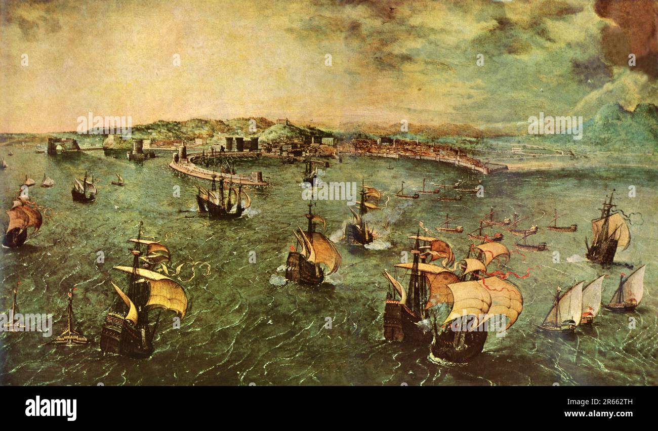 Bataille navale dans le golfe de Naples peinte par le peintre hollandais Pieter Breughel l'aîné en 1958. Breughel était le peintre le plus important de la Renaissance hollandaise et flamande. Son choix de sujets a été influent, en délaissant les portraits et les scènes religieuses au profit des scènes locales et paysannes. Banque D'Images