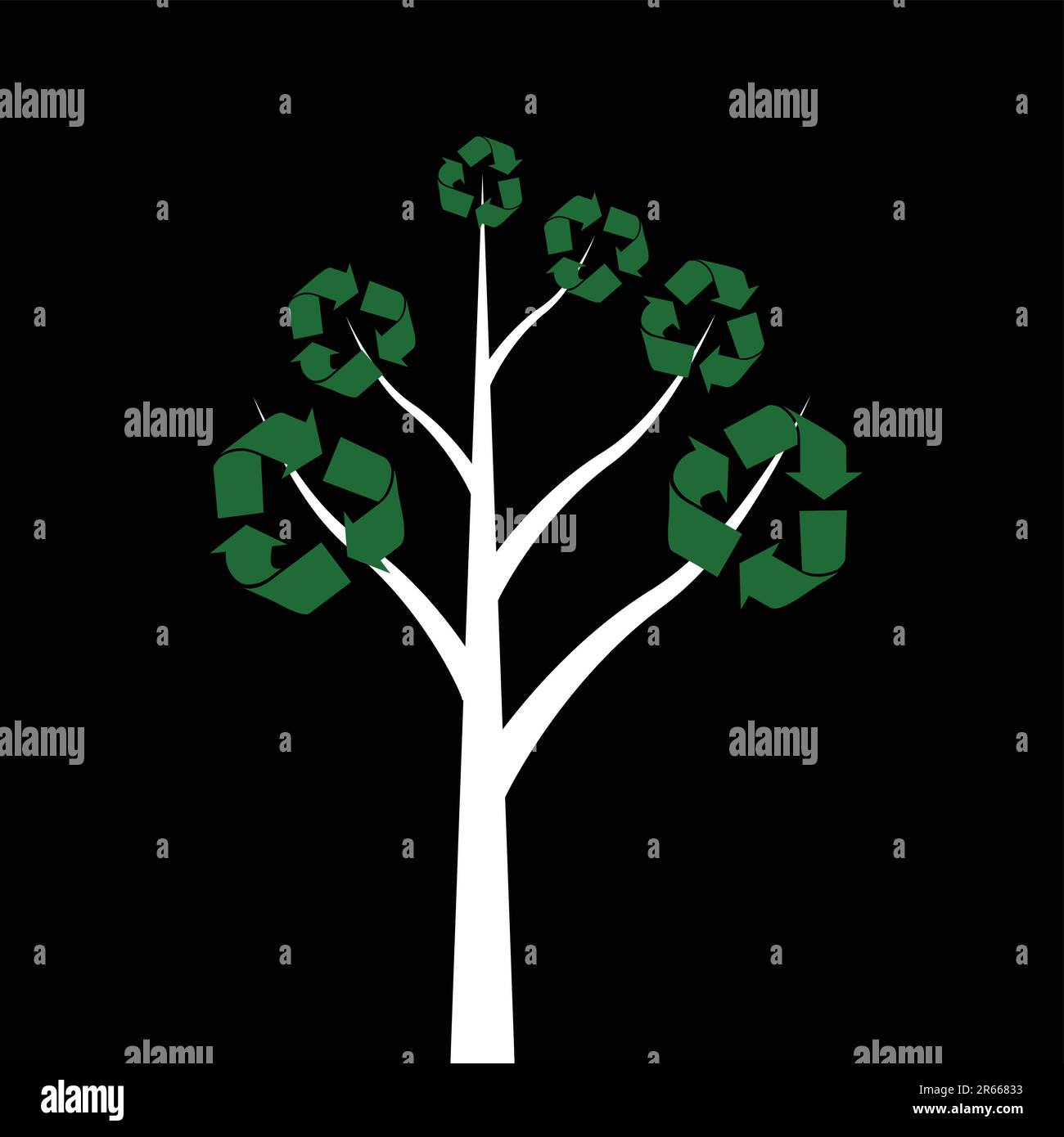 Arbre avec symboles de recyclage sur fond noir Illustration de Vecteur