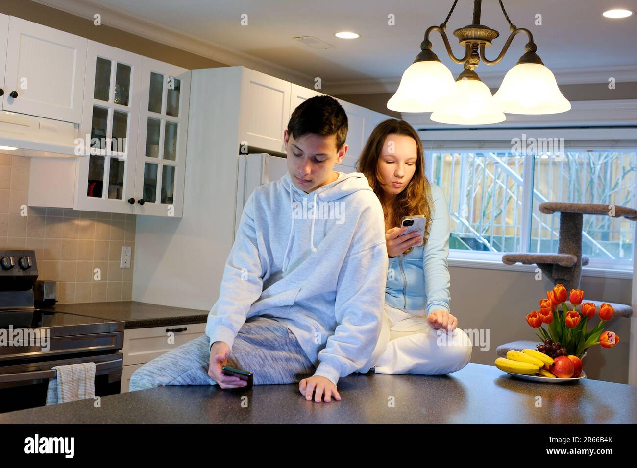 Les adolescents passent du temps sur les téléphones garçon et une fille de 13-16 ans s'assoient dans la cuisine sur la table tout le monde est occupé avec leur gadget première date pas le temps de s'asseoir sur les réseaux sociaux sur Internet pour tuer le temps Banque D'Images