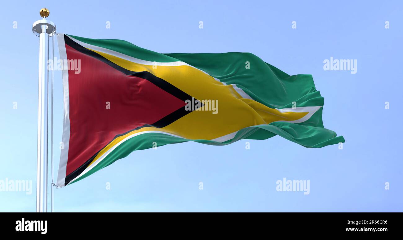 Vue rapprochée du drapeau national du Guyana qui agite dans le vent. La République coopérative du Guyana est un pays situé sur le continent nord de l'Amérique du Sud Banque D'Images