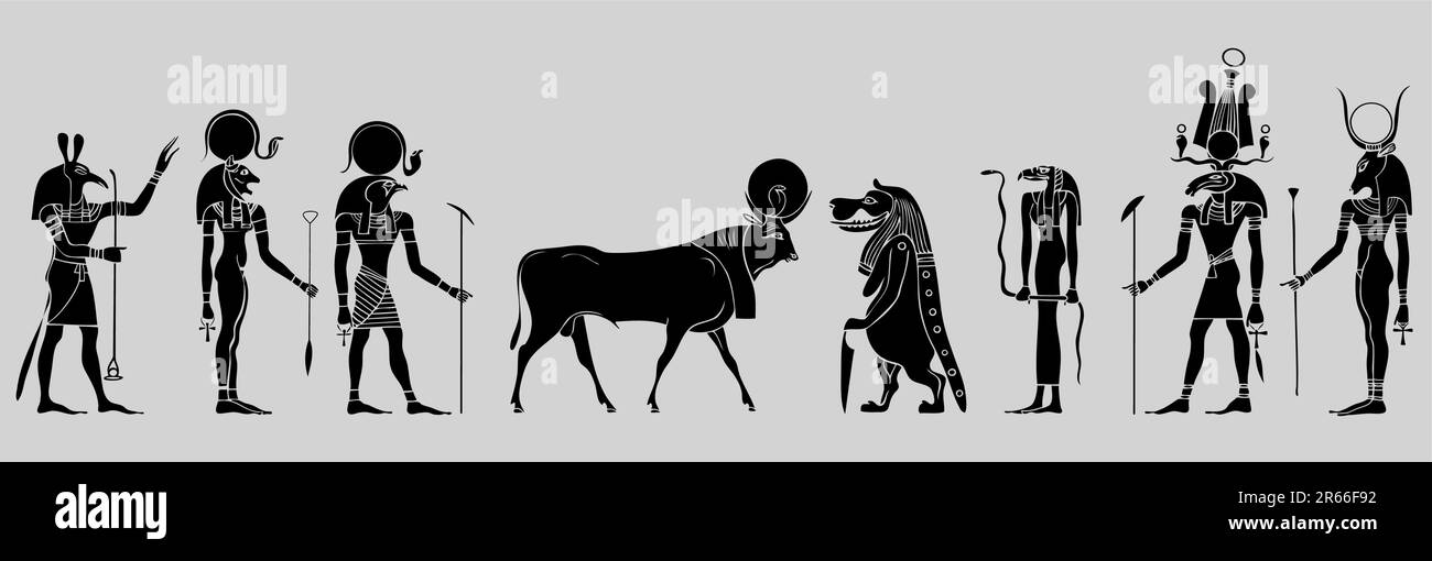 Divers dieux égyptiens, déesse, créatures et démons. Anubis, Seth, Ra, APIS, Khansu, Hathor, Horus et autres. Ce fichier est vectoriel - peut être scall... Illustration de Vecteur