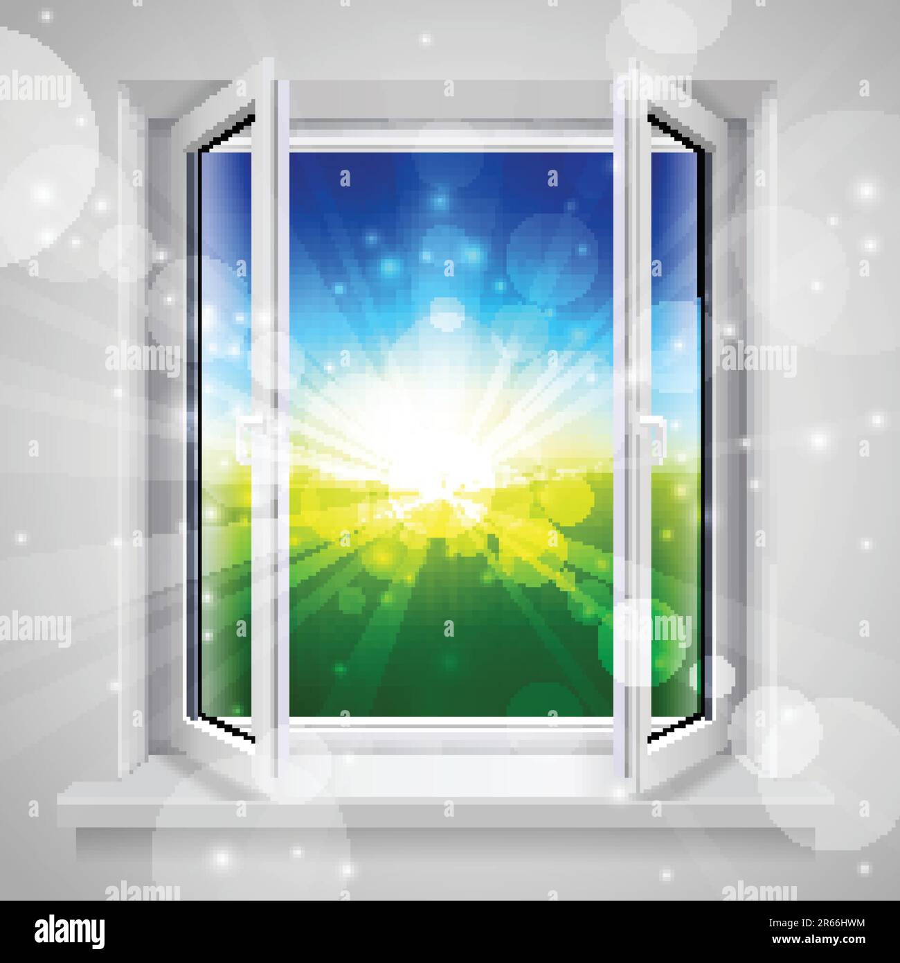 Fenêtre en plastique ouverte avec vue sur le champ vert Illustration de Vecteur