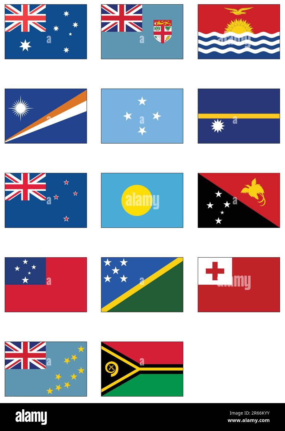 Ensemble complet de drapeaux vectoriels d'Australie et d'Océanie. Tous les objets sont regroupés et marqués avec le nom du pays. Illustration de Vecteur