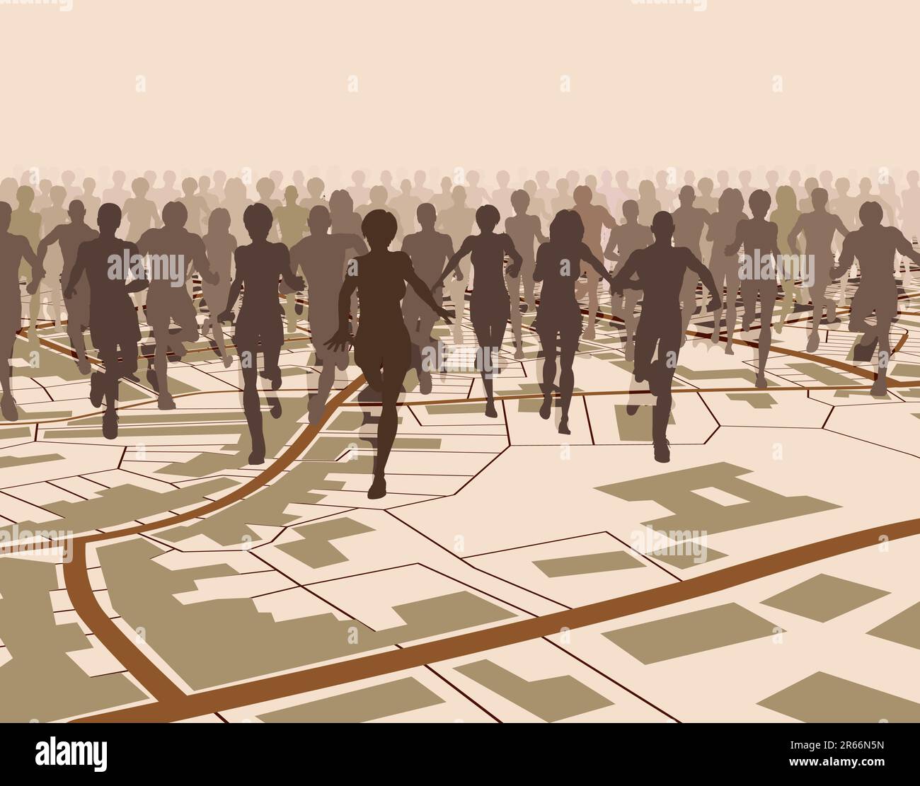 Illustration vectorielle modifiable d'une foule de gens s'exécutant sur une carte des rues générique Illustration de Vecteur