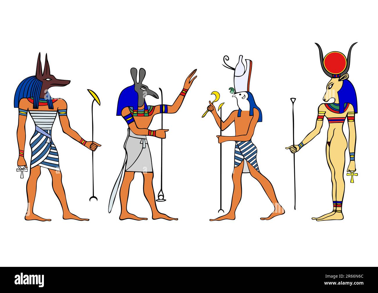 Divers dieux et Déesse égyptiens. De gauche à droite : Anubis, Seth, Horus et Hathor. Anubis - Yinepu - chien ou Dieu jackal de l'embaumement et tombeau-caret... Illustration de Vecteur