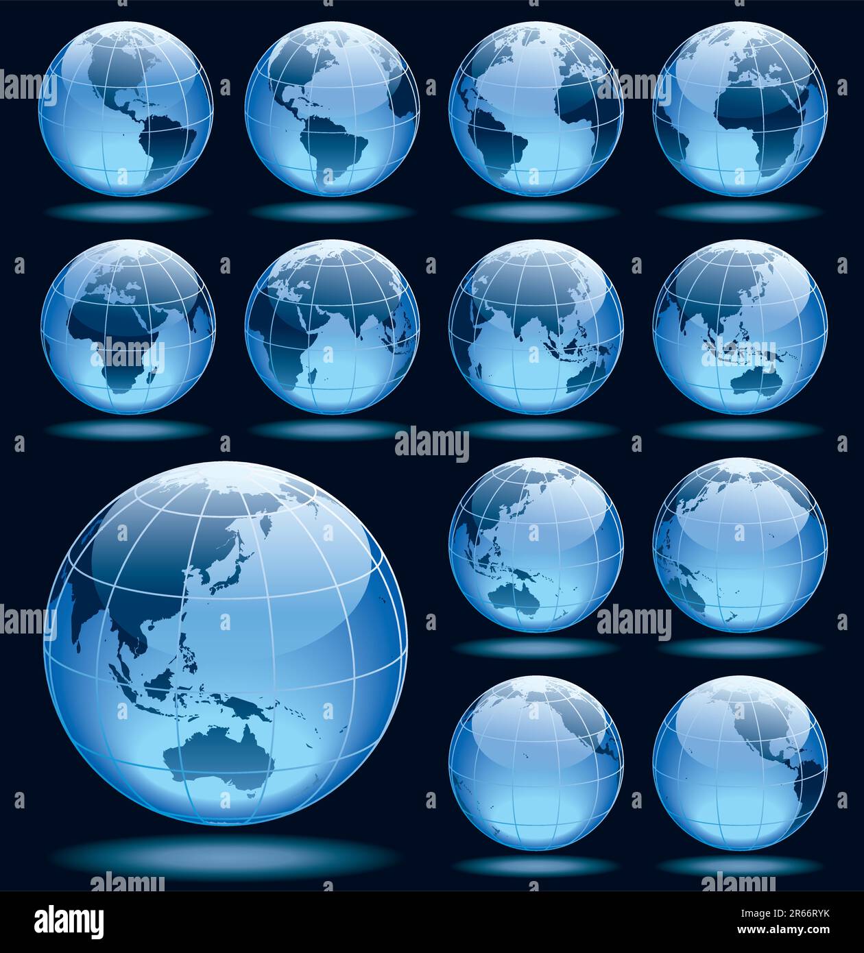 Jeu de 13 globes montrant la rotation de la terre dans différentes positions Illustration de Vecteur