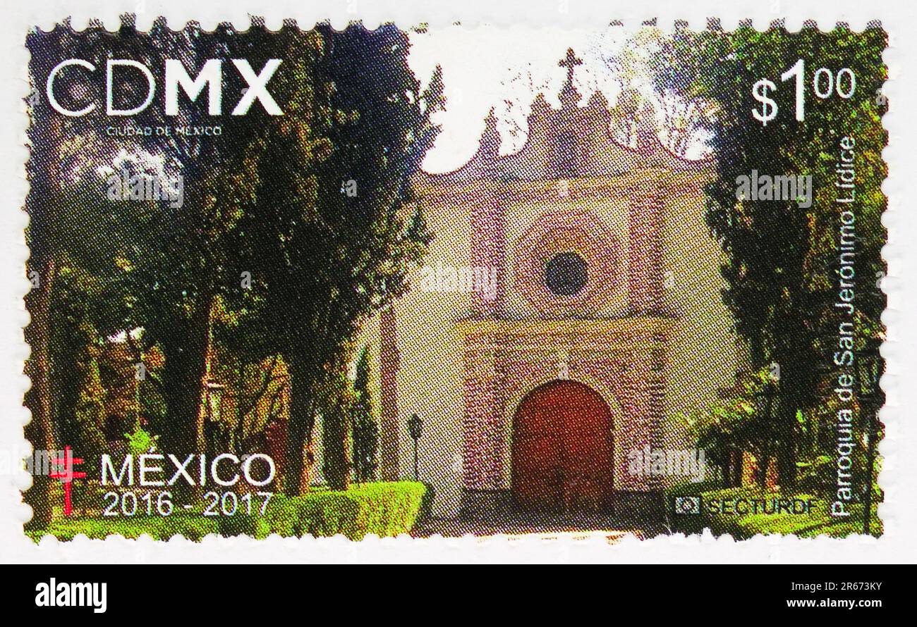MOSCOU, RUSSIE - JUIN 3 2023 : timbre-poste imprimé au Mexique montre la paroisse de San Jeronimo lidice, série de timbres antituberculeux, vers 2016 Banque D'Images