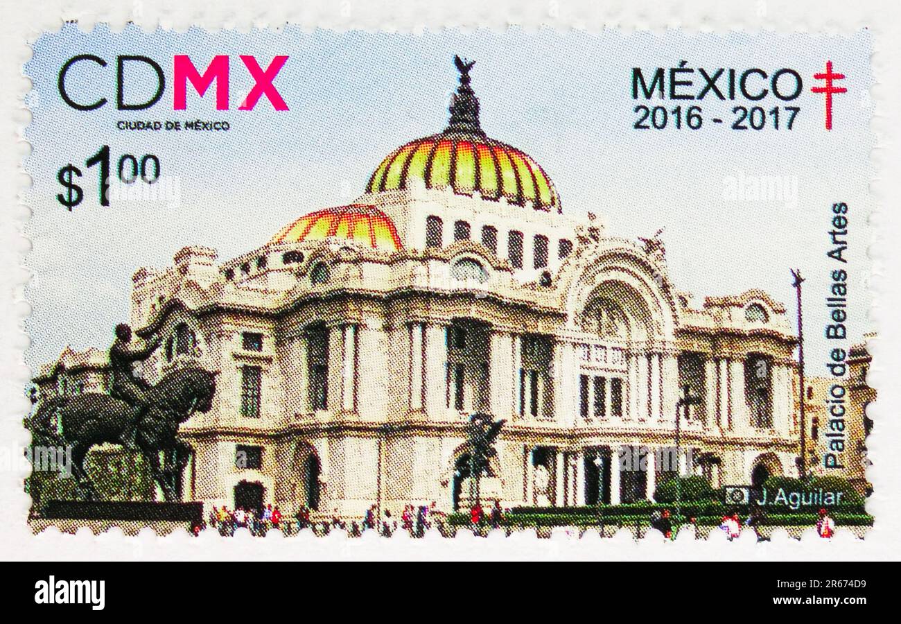 MOSCOU, RUSSIE - JUIN 3 2023: Timbre-poste imprimé au Mexique montre le Palais des Beaux-Arts, série de timbres antituberculeux, vers 2016 Banque D'Images