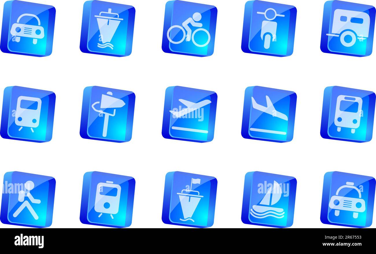 Série de boîtes transparentes bleues des icônes de transport et de véhicule Illustration de Vecteur