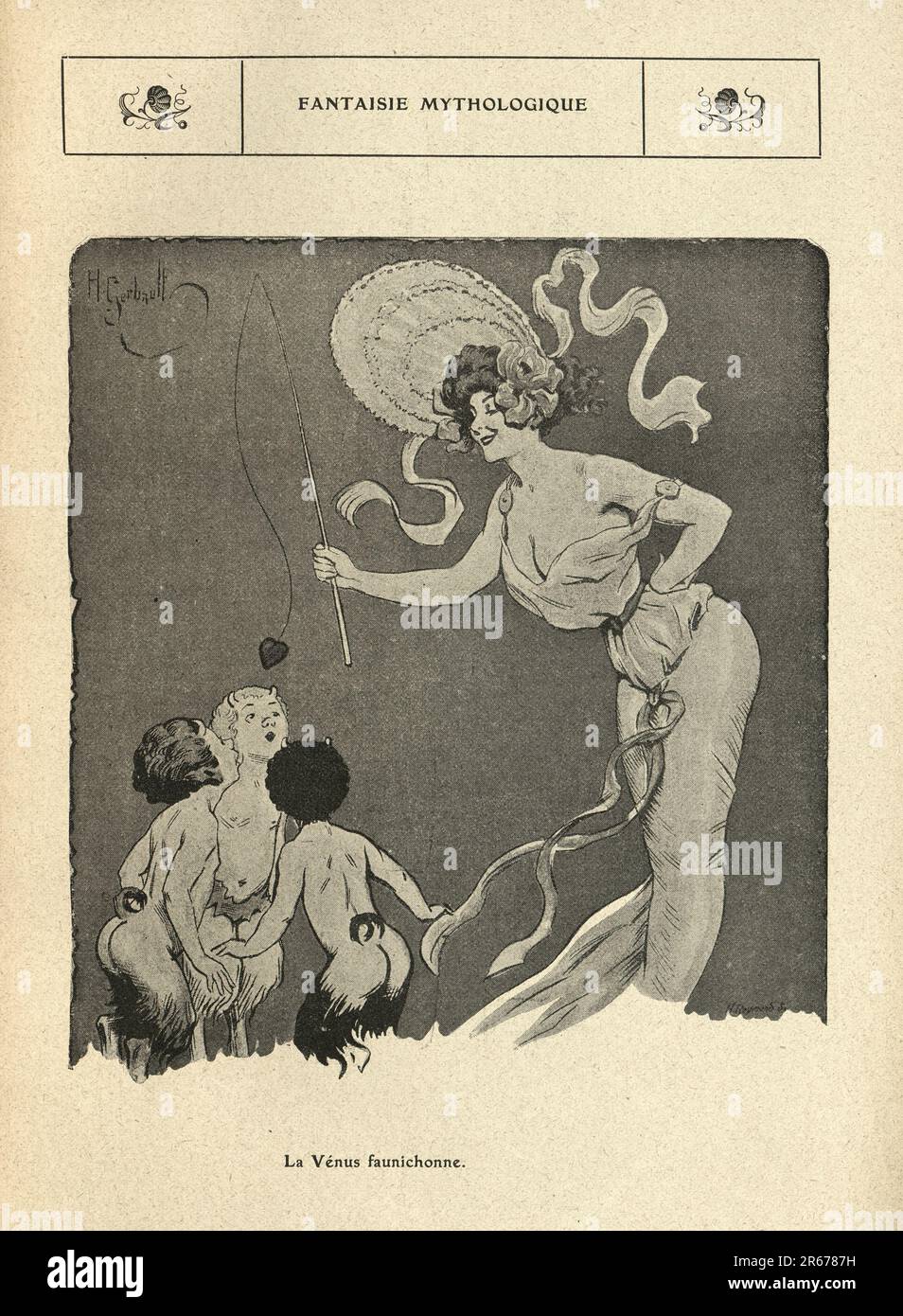 Caricature française vintage de Henry Gerbault, 1900s. Vénus pêchant pour l'amour, satyres, Belle Epoque, humour comdey, fantaisie mythologique Banque D'Images