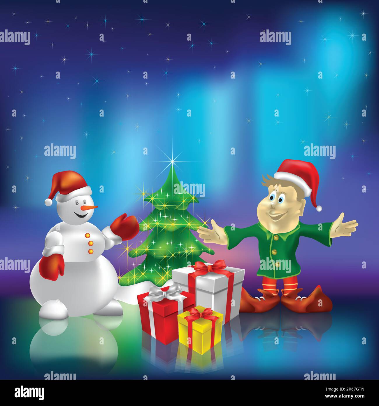 Arbre de Noël cadeaux wiyh sur fond aurora borealis Illustration de Vecteur