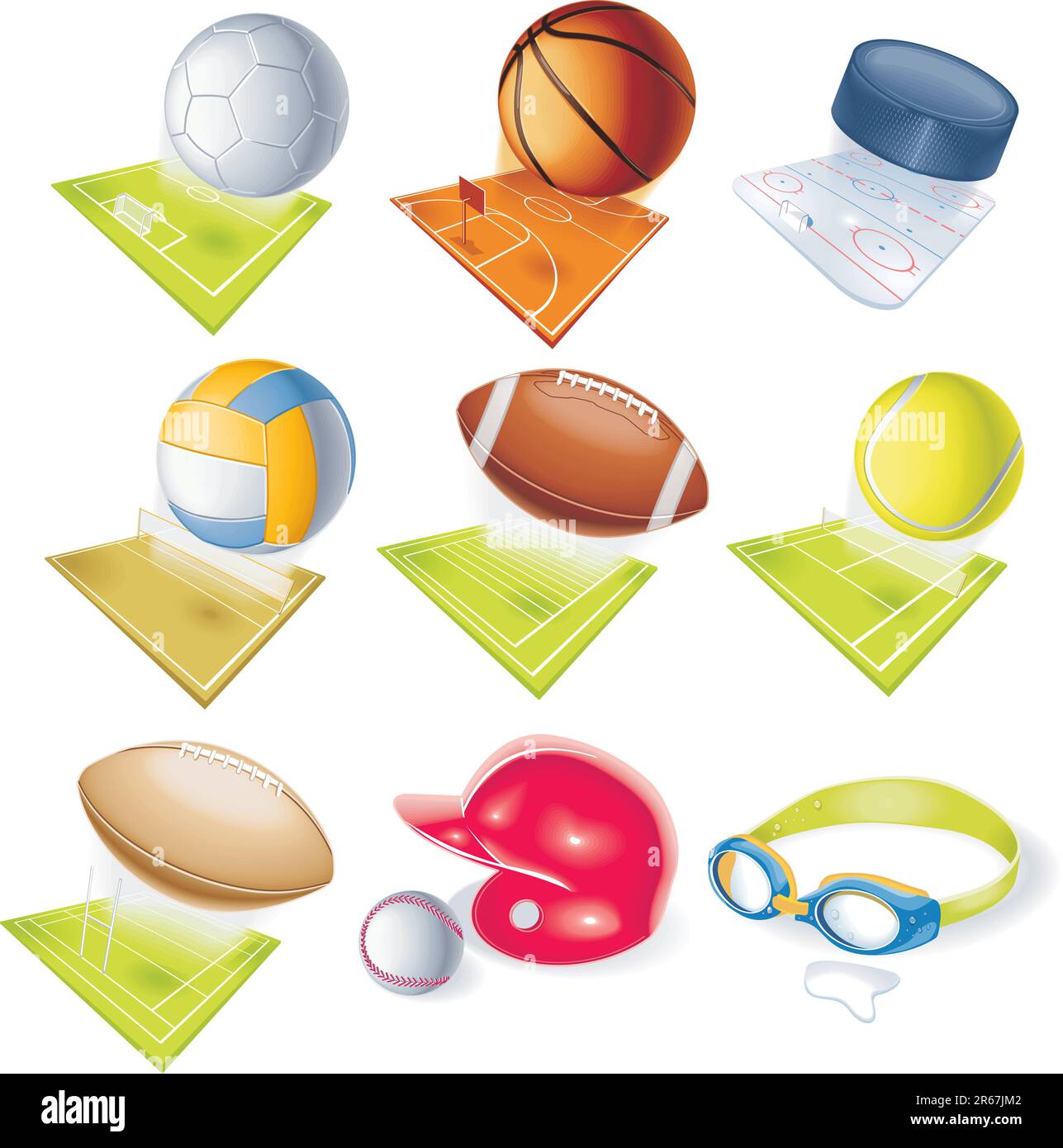 Football détaillé, football, basket-ball, volley-ball, rugby, équipements de hockey, natation, baseball et tennis avec terrains de sport Illustration de Vecteur