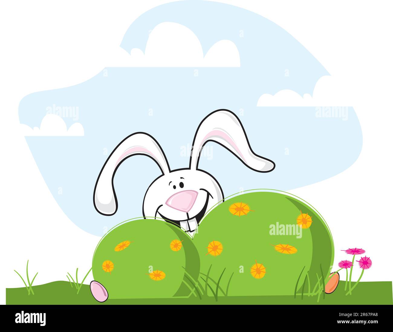 Un petit lapin de pâques, un vecteur de dessin animé, se cache derrière un Bush Illustration de Vecteur