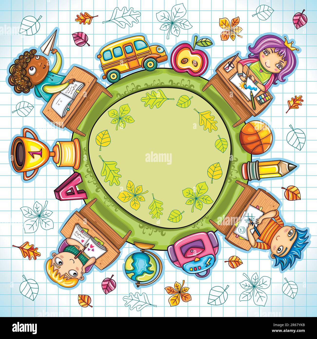 Composition ronde colorée, avec de jolis écoliers et des éléments de design d'école. avec espace pour votre texte. Illustration de Vecteur