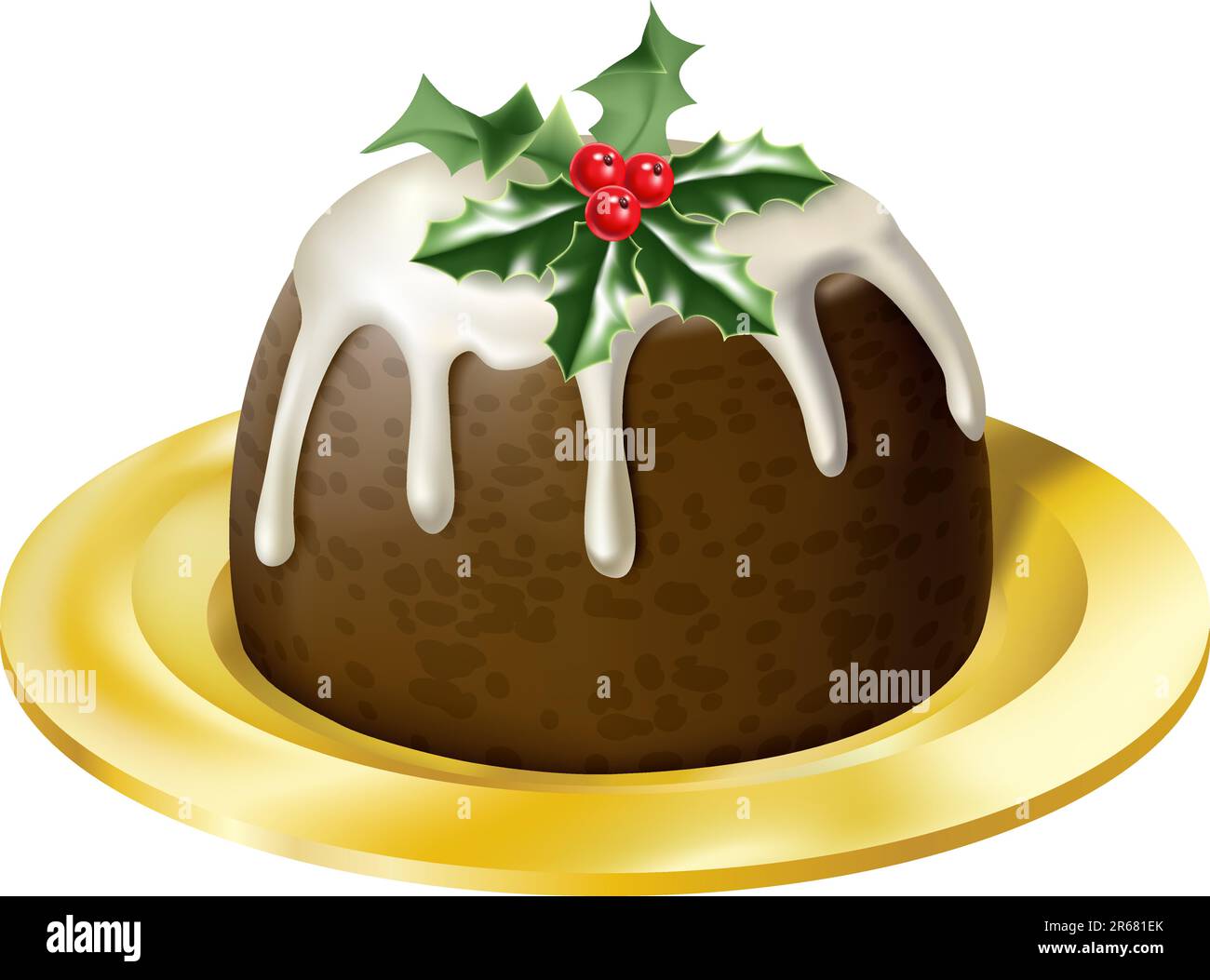 Image en gros plan d'un pudding de Noël avec des feuilles de houx