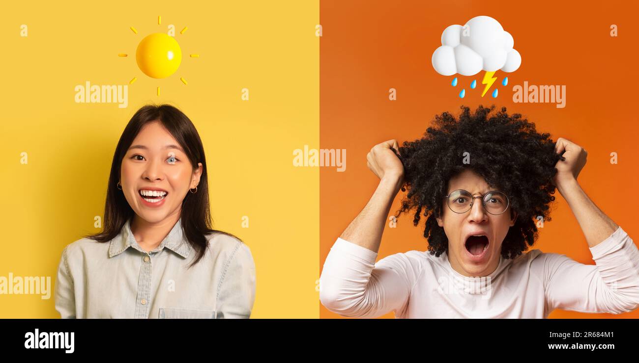 Trouble bipolaire. Portraits de personnes d'humeur différente posant sur des arrière-plans colorés Banque D'Images