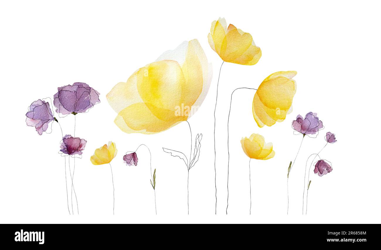 Aquarelle printemps fleurs d'été fleurissent dans les couleurs jaune et violet. Bouquet floral tendre pour la décoration et le design Banque D'Images