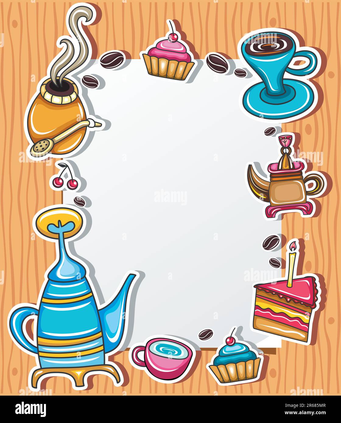 Cadre mignon avec café, thé, gâteau, symboles yerba mate, isolé sur fond en bois. Illustration de Vecteur