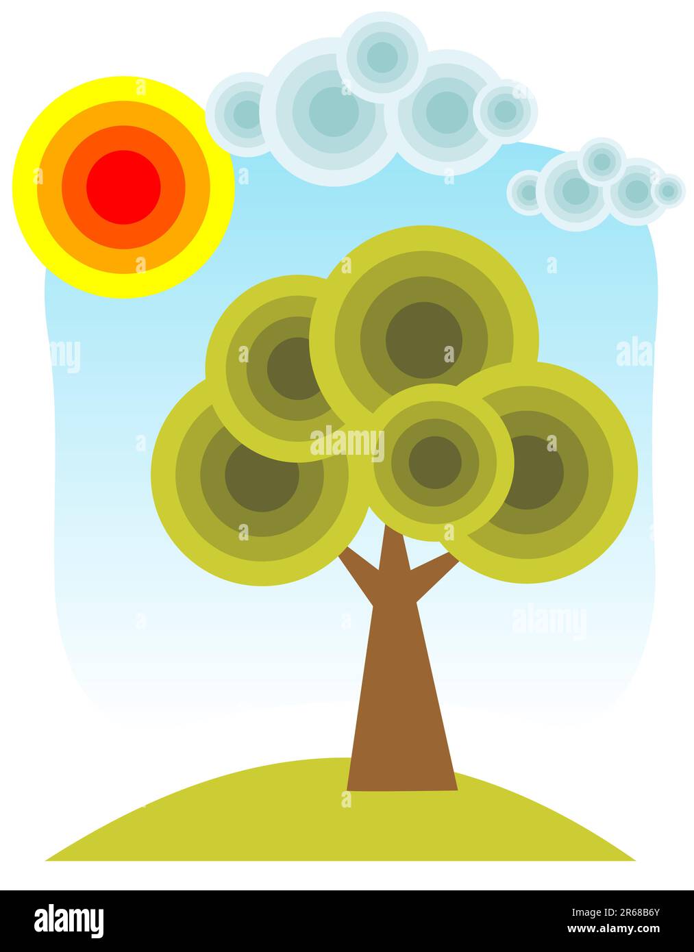Arbre de dessin animé et soleil sur fond bleu ciel. Illustration de Vecteur